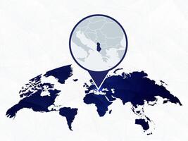 Albania detailed map highlighted on blue rounded World Map. vector
