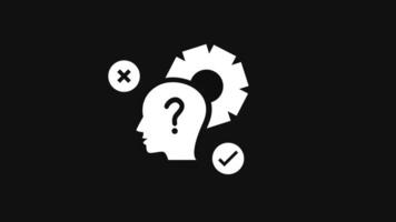 This dark-themed icon illustrates system settings and help elements, showing gears, question marks, and selection symbols for guidance video