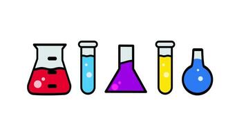 A set of colorful chemistry lab icons including flasks and test tubes, used to depict experimentation or scientific discovery processes. video