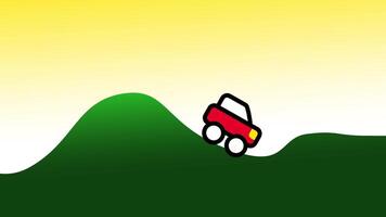 A red car drives over green hills in a playful and fun animation, evoking a physics-based driving game environment video