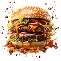A large hamburger with toppings and sauce png