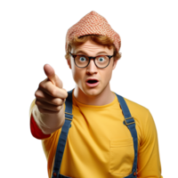 A man in overalls pointing at something png