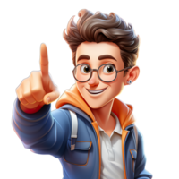 A cartoon boy with glasses and a jacket pointing at something png