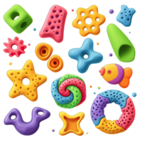 A set of colorful plastic toys on a black background png