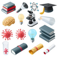 Various science and medical items including a microscope, books, and a graduation cap png