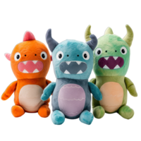 Three stuffed animals with different colors and sizes png