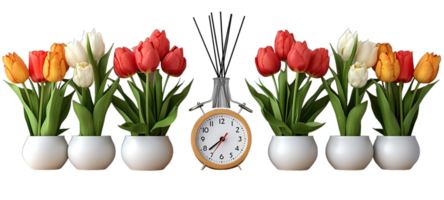 A group of white vases with tulips and a clock png