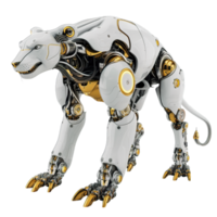 A white and gold robot lion with a black background png