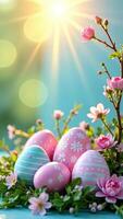 Easter eggs are decorated patterns, stripes, waves, dots in sun rays, is adorned with spring pastel flowers on spring blue background. photo