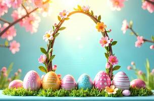 Easter themed egg-shape decorative frame text inside in sun rays, is adorned with spring pastel flowers and five large Easter eggs are decorated with patterns, stripes, waves, dots. photo
