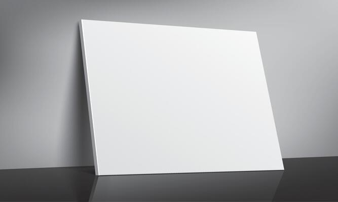 Clean and realistic blank canvas leaning against a wall on a dark surface