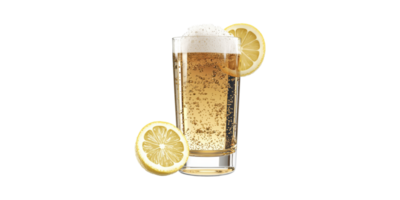 Tall Glass Of Refreshing Lemon Beer With Foam And Lemon Slices. Citrus-Infused Beverage Isolated On Transparent Background png