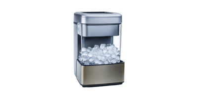 Compact Stainless Steel Ice Maker With Ice Cubes. Efficient Home Appliance For Quick Ice Production Isolated On Transparent Background png