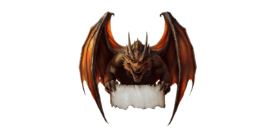 Dragon Holding Blank Scroll. Fantasy Creature With Wings And Fierce Expression Isolated On Transparent Background png