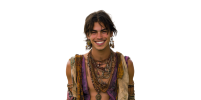 Smiling Man In Bohemian Attire With Layered Jewelry. Expressing Free-Spirited And Artistic Style Isolated On Transparent Background png