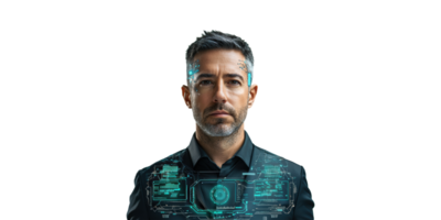 Futuristic Man With Augmented Reality Interface. Concept Of Human-Technology Integration Isolated On Transparent Background png