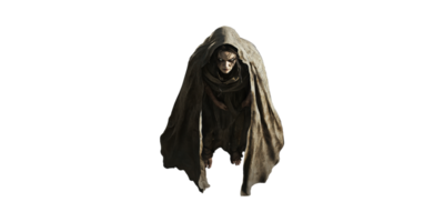 Mysterious Hooded Figure In Tattered Cloak. Enigmatic And Dark Fantasy Character Isolated On Transparent Background png