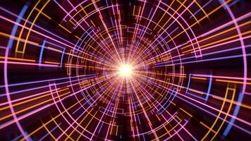 Seamless loop background with shiny tunnel made of bright orange, purple and blue digital patterns. Abstract screensaver with animation of transparent hologram corridor and colorful lines. 4K 60 fps video