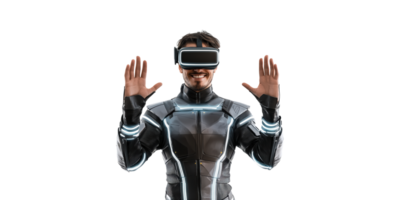Man In Futuristic Suit With Vr Headset Experiencing Virtual Reality. Immersive Technology And Gaming Concept Isolated On Transparent Background png