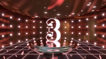3D Number Three on Rotating Platform with Illuminated Stage and Starfield video