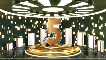 Rotating Golden 3D Number Five on Futuristic Podium with Light Effects video