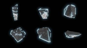 Set of Rotating 3D Stones with Glowing Neon Edges on Transparent Background video