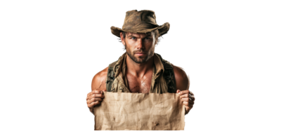 Adventurous Explorer Holding Blank Map. Concept Of Exploration And Adventure Isolated On Transparent Background png
