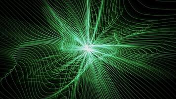 Looped animation of abstract green form made of glowing lines pulsating with bright light in center. Digital background with warped grid motion for modern art or music stage performance. Loop 4K 60fps video