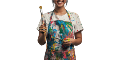 Smiling Artist With Paintbrushes And Colorful Apron. Creative Expression And Joy In Art Isolated On Transparent Background png