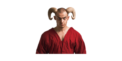 Man With Ram Horns In Red Robe. Symbolism Of Strength And Mythology Isolated On Transparent Background png