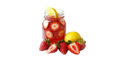 Strawberry Lemonade In Mason Jar With Fresh Strawberries And Lemon. Refreshing Summer Beverage Concept Isolated On Transparent Background png