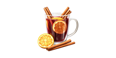 Glass Mug Of Mulled Wine With Orange Slices And Cinnamon Sticks. Warm Festive Beverage Concept Isolated On Transparent Background png
