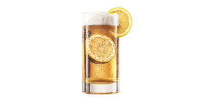 Tall Glass Of Lemon Beer With Foam And Lemon Slices. Refreshing Citrus Beverage Isolated On Transparent Background png