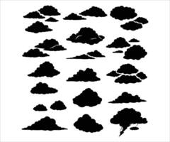 A diverse array of cloud designs on a white background. Silhouetted clouds in the sky. vector