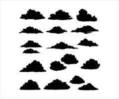 A collection of various cloud shapes set against a white backdrop. Silhouettes of clouds in the sky. vector