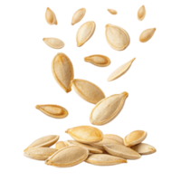 Pumpkin seeds falling in mid air, showcasing their smooth texture and light color, creating dynamic and lively scene png