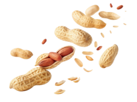 Peanuts in various forms, including whole and shelled, create dynamic and appetizing display. This captures essence of healthy snacking png