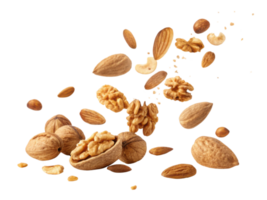 Nuts in various forms, including whole and shelled, create dynamic and healthy display, showcasing their natural textures and colors png