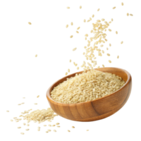 wooden bowl filled with sesame seeds, with some seeds falling around, creating dynamic and fresh look png