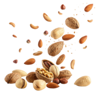 variety of nuts including almonds, cashews, and walnuts are scattered and floating in air, creating dynamic and healthy snack scene png