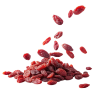 Dried goji berries falling in dynamic arrangement, showcasing their vibrant red color and unique texture, perfect for healthy snacks png