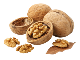 Walnuts in their shells and shelled, showcasing their rich texture and natural color, evoke sense of health and nutrition png