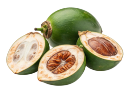 Fresh green fruit with sliced sections revealing seeds, showcasing unique texture and color. This fruit is often used in various culinary dishes png