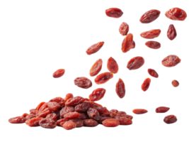 Dried goji berries falling from above, creating vibrant and healthy snack scene. These nutrient rich berries are perfect for adding to meals png