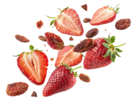 Fresh strawberries and nuts are scattered in dynamic arrangement, showcasing vibrant colors and textures, evoking sense of freshness and vitality png