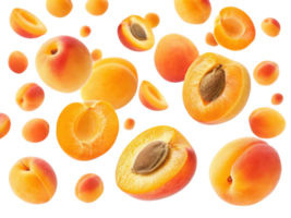 Fresh apricots floating in air, showcasing their vibrant orange color and smooth texture, evoke sense of summer delight png