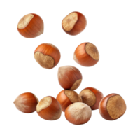 Hazelnuts falling in dynamic arrangement, showcasing their rich brown color and textured shells, creating lively and natural scene png