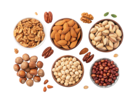Nuts assortment in bowls, including almonds, walnuts, pistachios, hazelnuts, and pecans, showcasing healthy snack option png