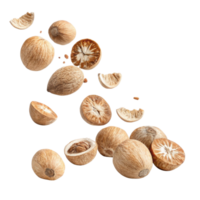 collection of whole and broken nutmeg seeds scattered on transparency background, showcasing their unique textures and shapes png