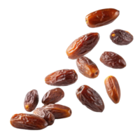 Fresh dates falling in dynamic arrangement, showcasing their rich brown color and texture, perfect for healthy snacking png